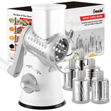 Geedel white and grey rotary cheese grater with 5 interchangeable blades for cheese, vegetables, pasta, and salads.
