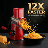 A manual rotary cheese shredder rapidly grating a block of cheddar cheese, featuring 12X faster blade gating technology.