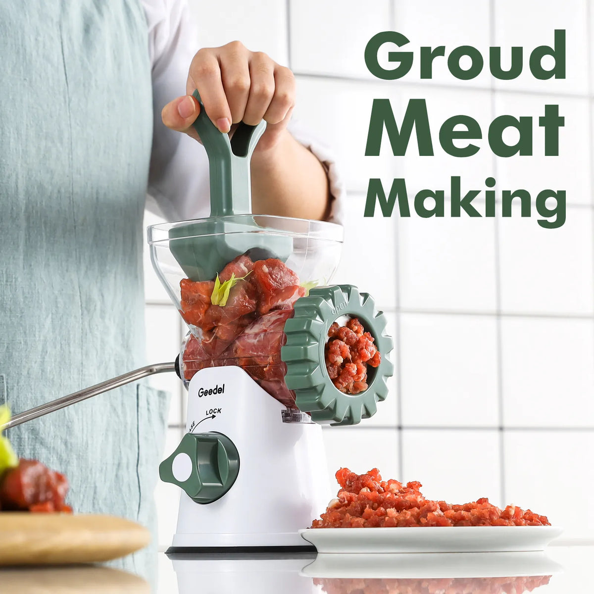 Geedel Manual Meat Grinder: Effortless Home Grinding with 2 Stainless Steel Changeable Blades & Easy Clean-Up